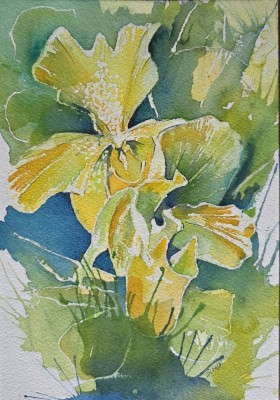 Aquarellbild abstrakter Orchideen in Grün- und Gelbtönen